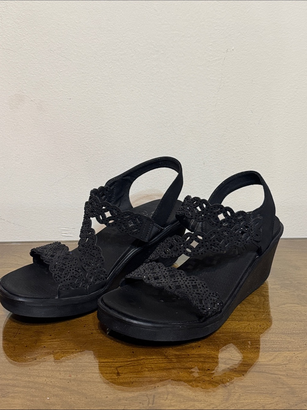 Skechers Women's Black Crochet-Strap Wedge Sandals